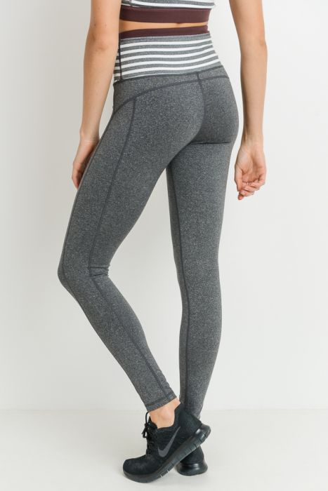Heather Gray Striped High Waist Leggings with Burgundy Accent