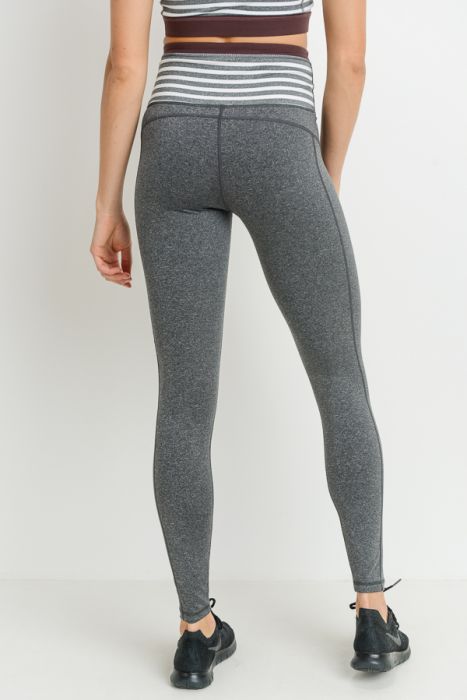 Heather Gray Striped High Waist Leggings with Burgundy Accent