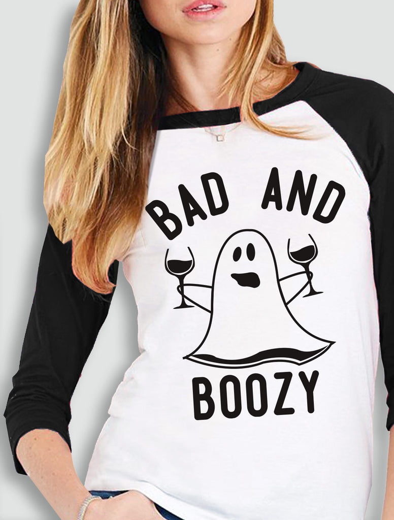 BAD & BOOZY Ghost Glasses Halloween Baseball Tee - Pick Color