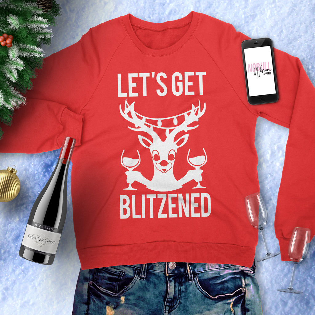 LET'S GET BLITZENED Christmas Sweatshirt Unisex Crew Neck - Pick Wine or Beer