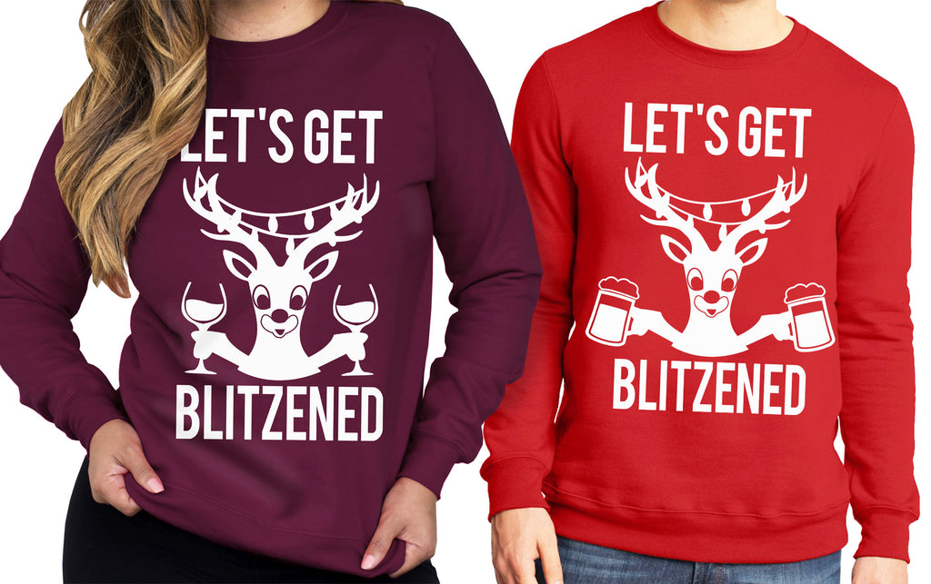 LET'S GET BLITZENED Christmas Sweatshirt Unisex Crew Neck - Pick Wine or Beer