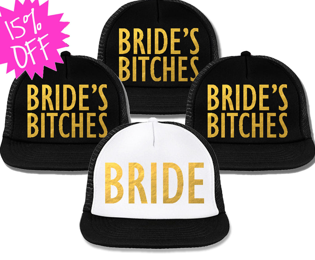 Bachelorette Party Hats Deal - BRIDE White & BRIDE'S BITCHES Black with Gold Foil Print