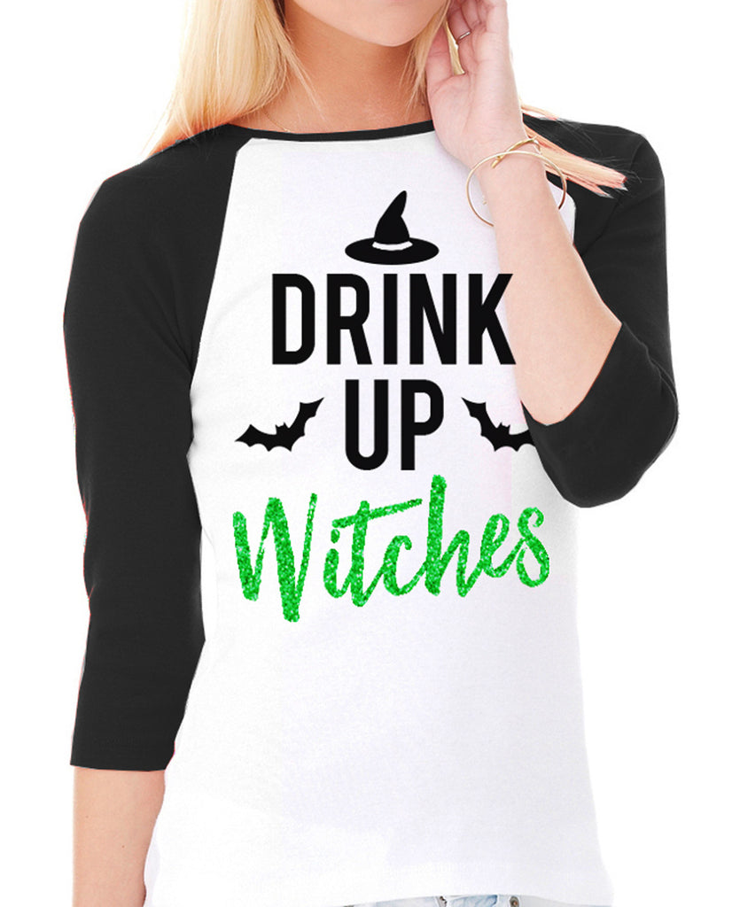 DRINK UP WITCHES Halloween Baseball Tee Green Glitter Print