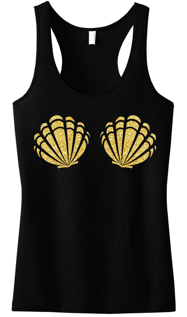 MERMAID Sea Shells Black Tank Top Gold Glitter Print