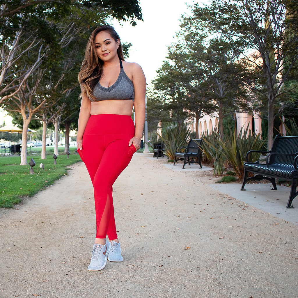 High Waist Red Leggings with Mesh Pocket