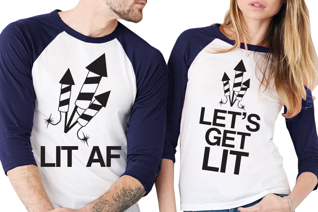 Fireworks Navy Blue Baseball Tees Unisex Sizes - Pick "LET'S GET LIT or "LIT AF"