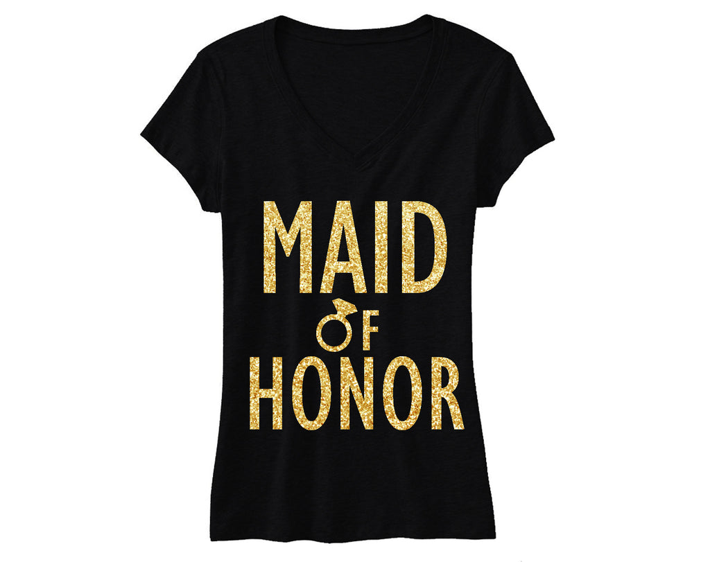 MAID of HONOR Gold GLITTER Bridal Shirt V-neck