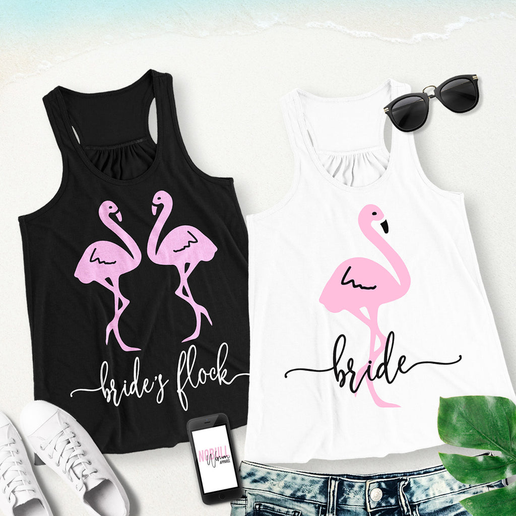 BRIDE & BRIDE'S FLOCK FLOWY FLAMINGO WEDDING TANK TOPS