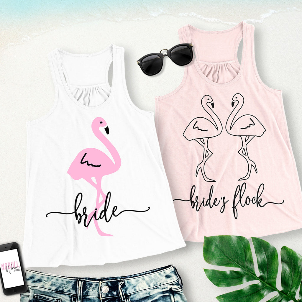 BRIDE & BRIDE'S FLOCK FLOWY FLAMINGO WEDDING TANK TOPS