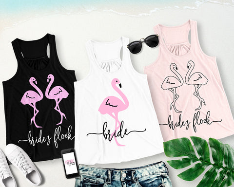 BRIDE & BRIDE'S FLOCK FLOWY FLAMINGO WEDDING TANK TOPS