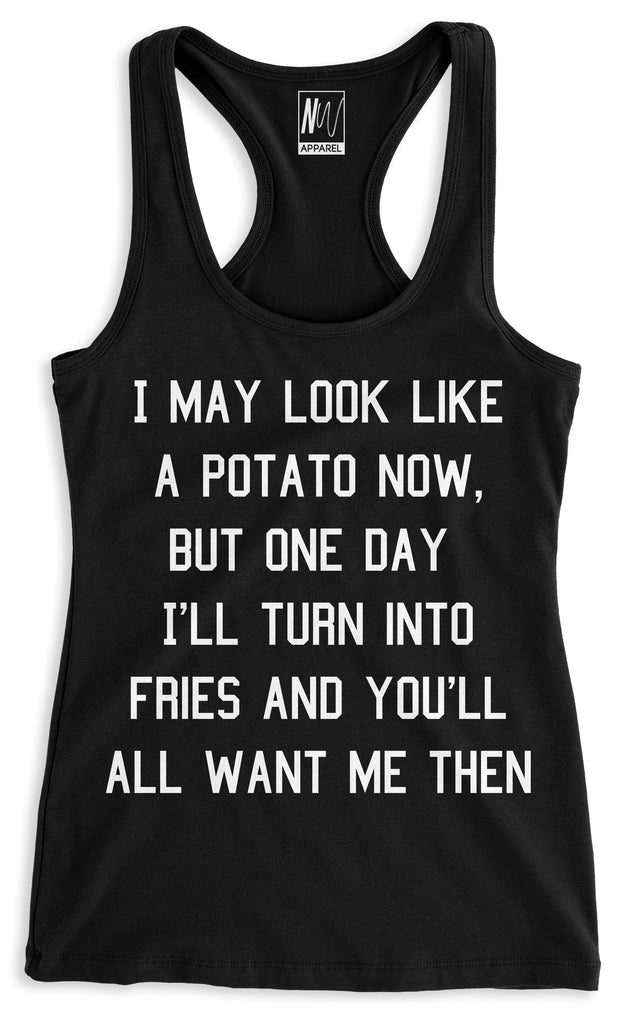 POTATO Into Fries Tank Top, Black with White Print
