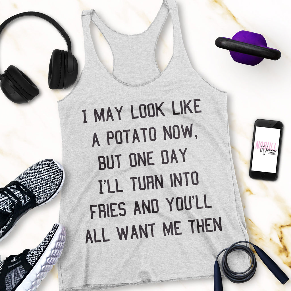 POTATO Into Fries Tank Top, Heather Gray with Black Print