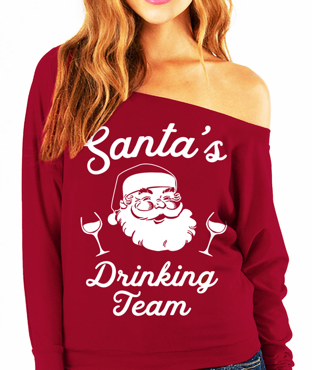 SANTA'S DRINKING TEAM Christmas Slouchy Sweatshirt Wine Version - Scarlet