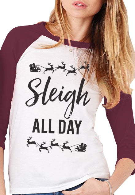 Sleigh All Day Christmas Burgundy Baseball Tee