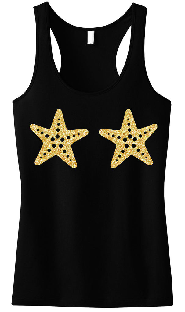 MERMAID Starfish Black Tank Top Gold Glitter Print