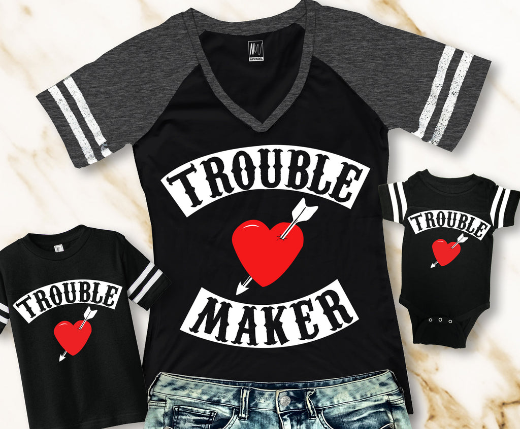 MOMMY & ME Trouble Maker & Trouble Shirts for Mom Baby and Kids