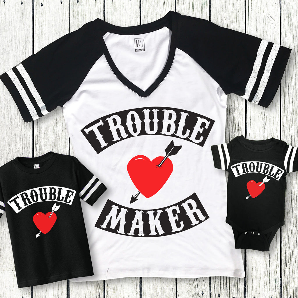 MOMMY & ME Trouble Maker & Trouble Shirts for Mom Baby and Kids