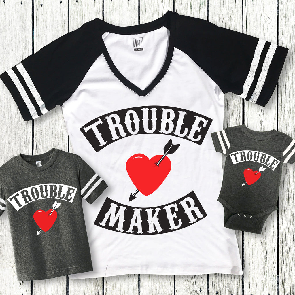 MOMMY & ME Trouble Maker & Trouble Shirts for Mom Baby and Kids