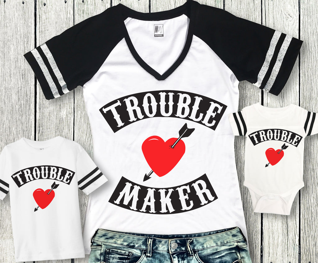 MOMMY & ME Trouble Maker & Trouble Shirts for Mom Baby and Kids