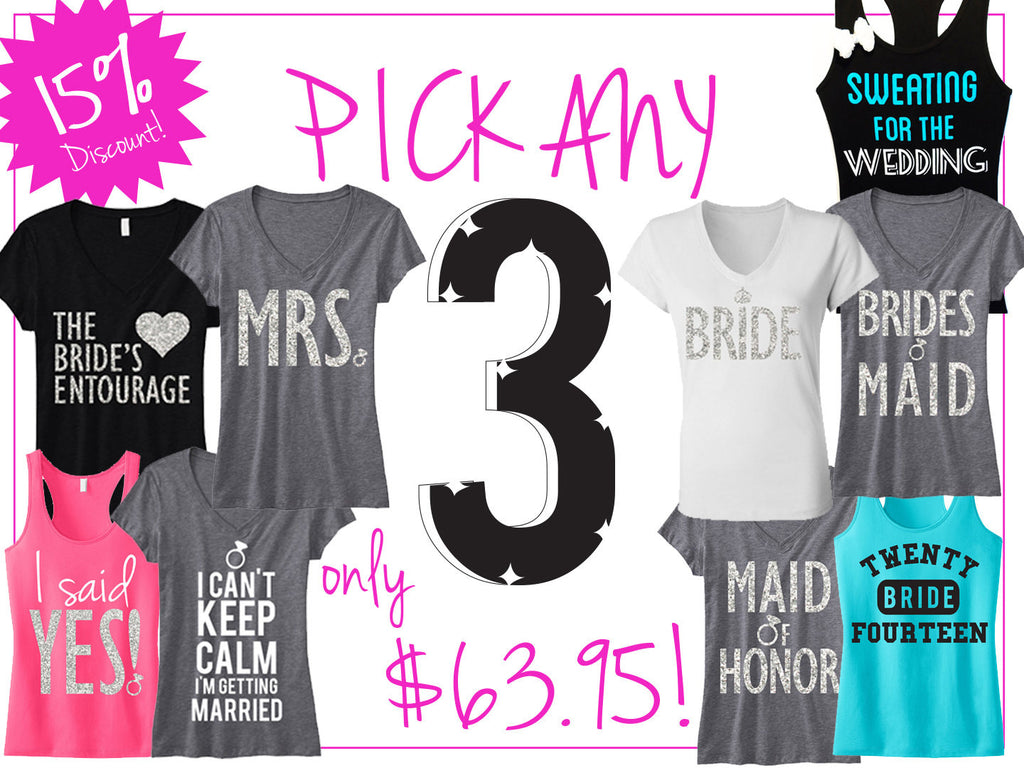 3 Bridal Wedding Shirts 15% OFF Bundle Deal: Mrs Shirt, Bride Shirt, Maid of Honor, Bridesmaid