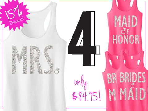 BRIDAL WEDDING 4 Tank Tops 15% Off Bundle, Mrs Shirt, Bridesmaid tank, maid of honor shirt