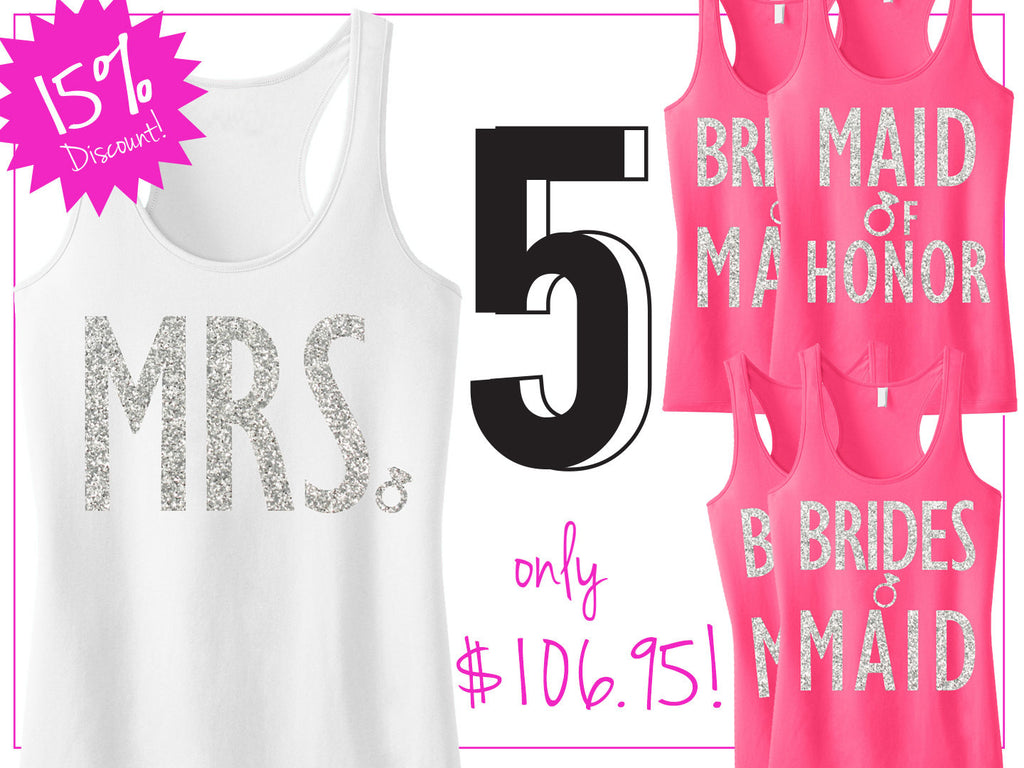 BRIDAL WEDDING 5 TANKS 15% Off Bundle, Mrs Shirt, Bridesmaid tank, maid of honor shirt
