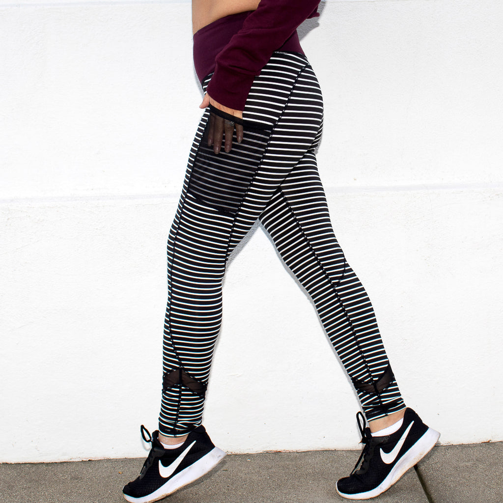 High Waist Striped Leggings with Burgundy Waistband & Pockets