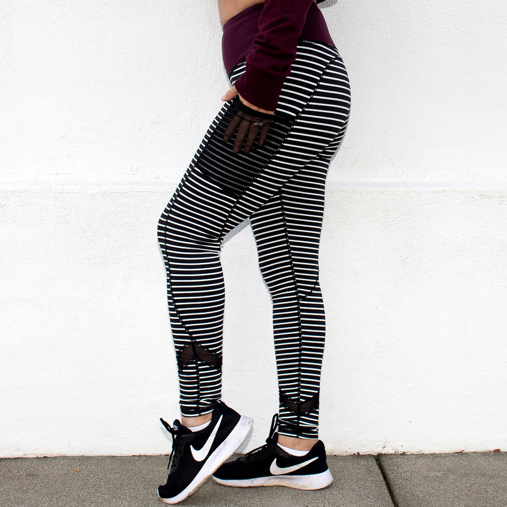 High Waist Striped Leggings with Burgundy Waistband & Pockets