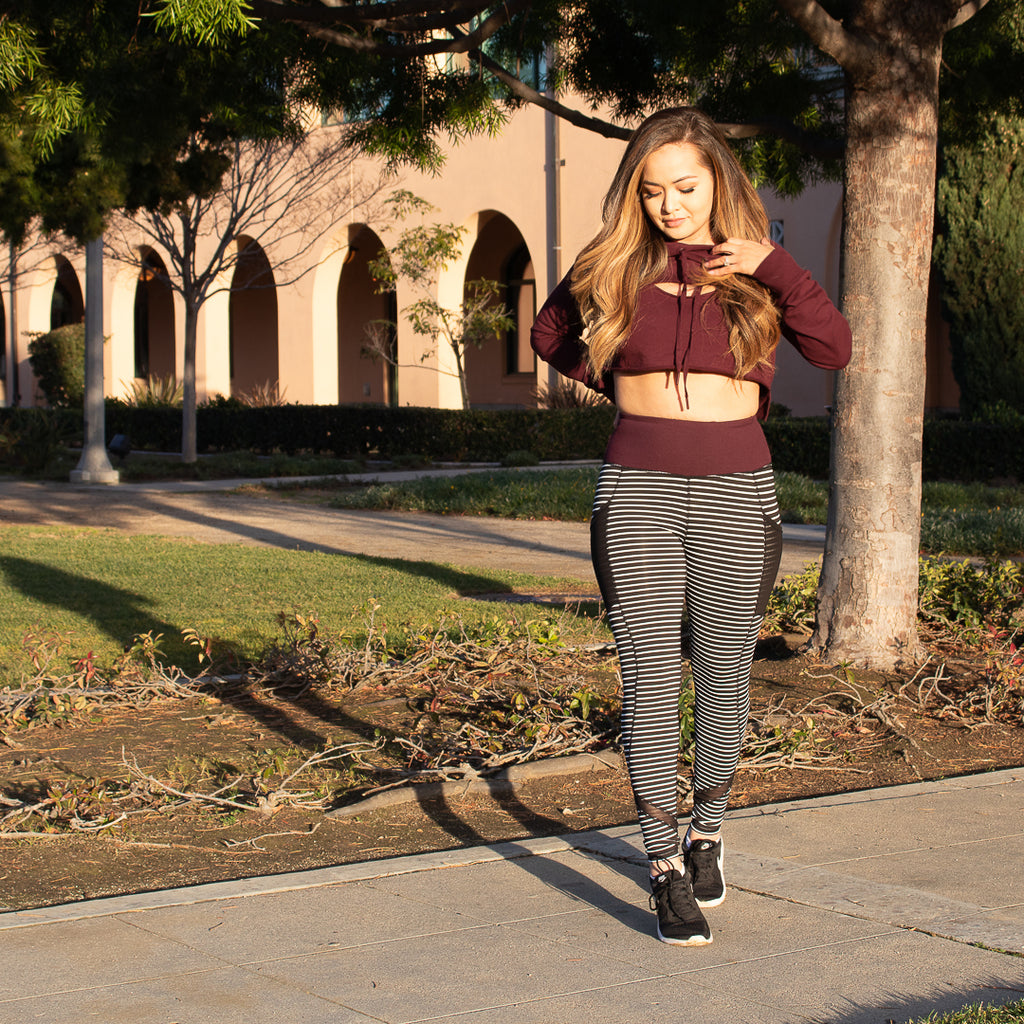 High Waist Striped Leggings with Burgundy Waistband & Pockets