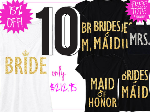 GOLD BRIDAL WEDDING 10 SHIRTS 15% Off Bundle, Mrs Shirt, Bridesmaid shirt, maid of honor shirt