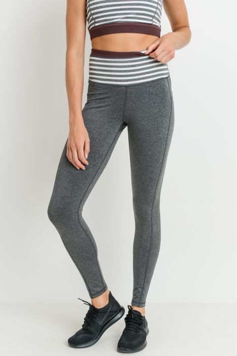 Heather Gray Striped High Waist Leggings with Burgundy Accent