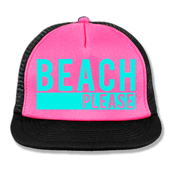 BEACH PLEASE Pink Trucker Hat with Aqua Print