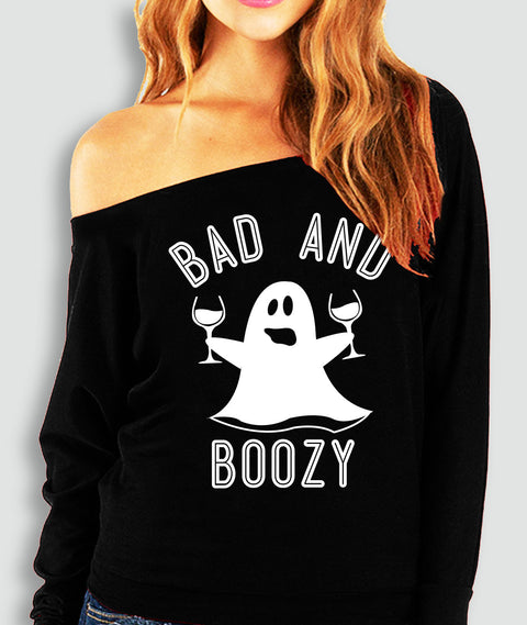 BAD & BOOZY Halloween Ghost Black Off-Shoulder Sweatshirt