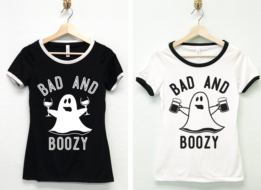 Bad & Boozy Halloween Ringer Tee - Pick Color and Drink