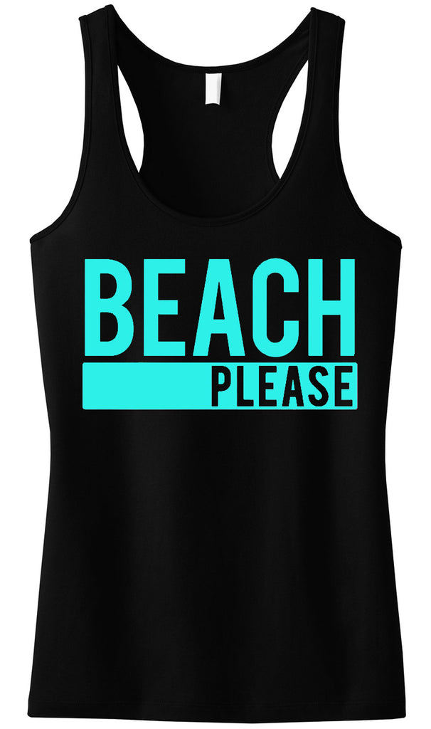 BEACH PLEASE Black Tank Top with Aqua Print