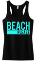 BEACH PLEASE Black Tank Top with Aqua Print