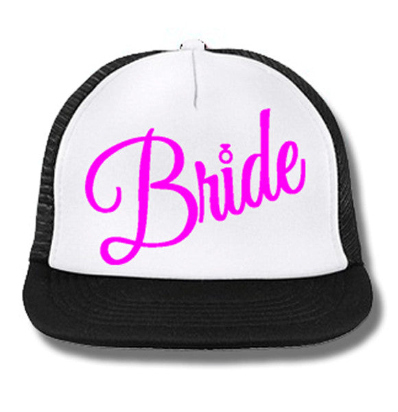 BRIDE Cursive Snapback Trucker Hat White with Pink Print