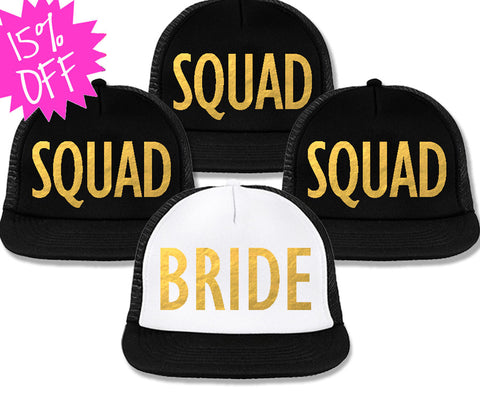 Bachelorette Party Hats Deal - BRIDE White & SQUAD Black with Gold Foil Print