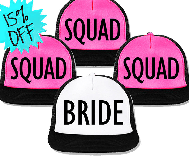 Bachelorette Party Hats Deal - BRIDE White & BRIDE SQUAD Pink with Black Print