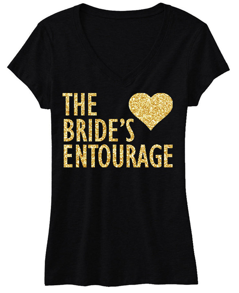 BRIDE'S ENTOURAGE Gold GLITTER Shirt Black V-neck