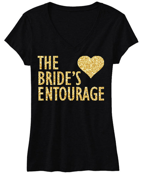 BRIDE'S ENTOURAGE Gold GLITTER Shirt Black V-neck