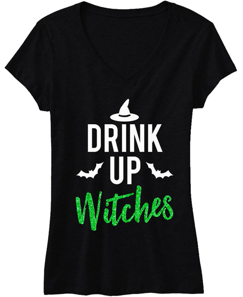 DRINK UP WITCHES Halloween Shirt with Green Glitter Print