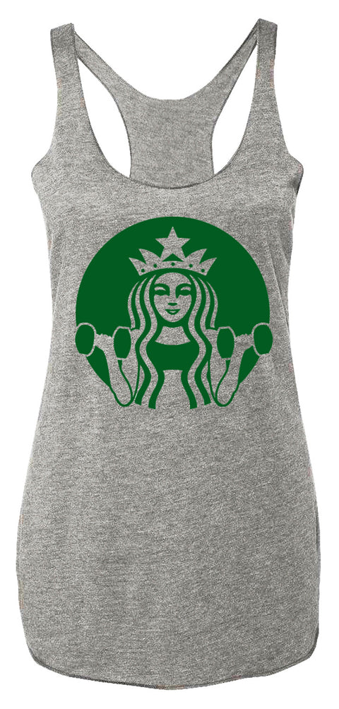 STARBUFF Parody Dumbbells Tank Top - Heather Gray with Kelly Green Print
