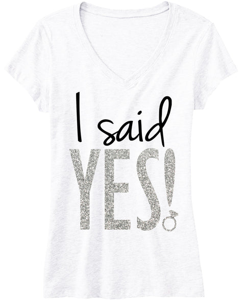 I Said YES! Silver Glitter Bride Shirt White V-neck