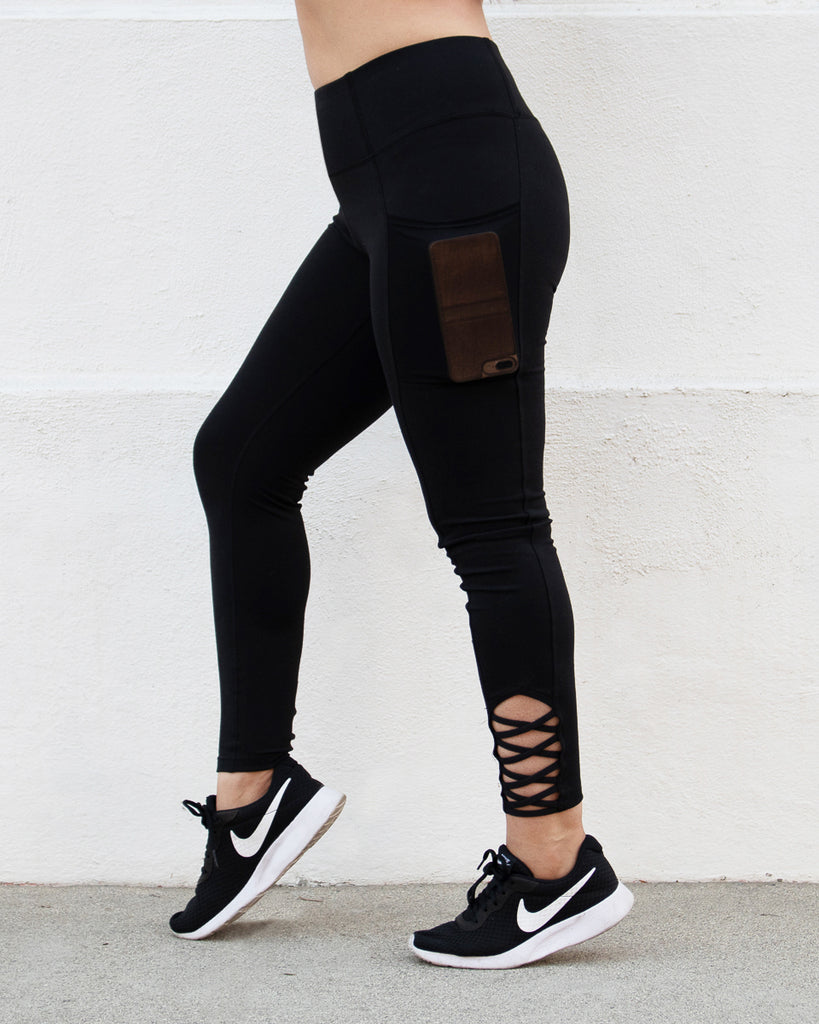 High Waist Leggings with Spaghetti Criss Cross & Pockets - Plus Size Available