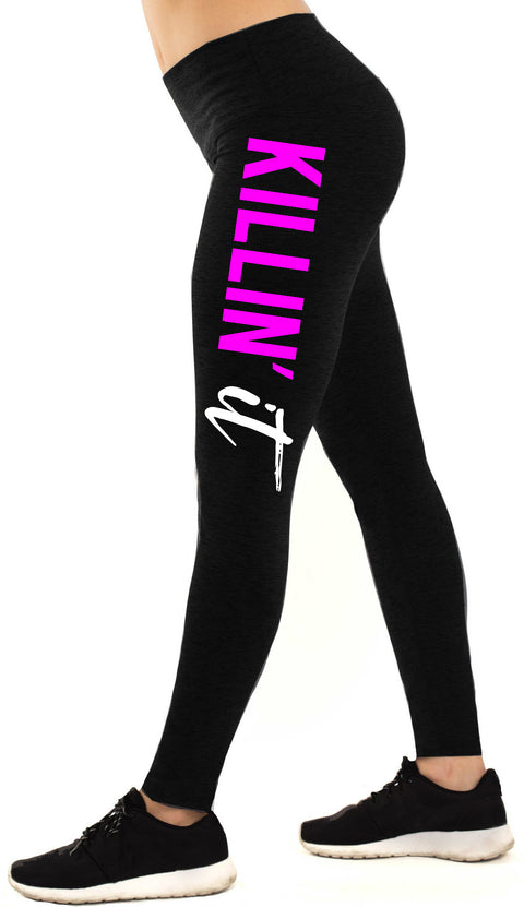 KILLIN' IT Workout Leggings, Black with Pink and White Print
