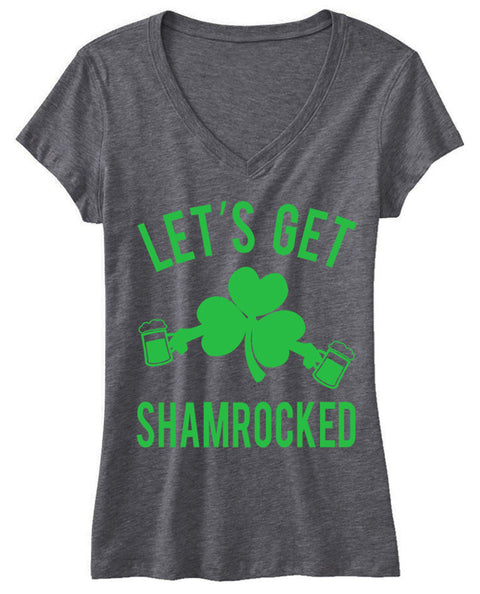 Let's Get Shamrocked - Womens Gray V-neck Green Print