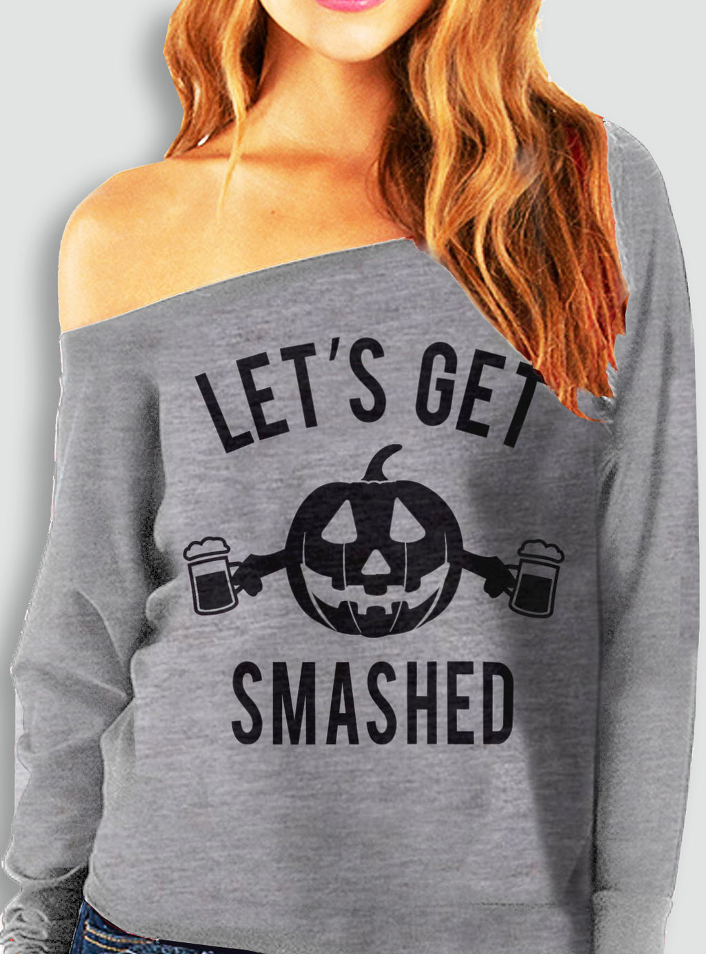 Let's Get Smashed Halloween Gray Off-Shoulder Sweatshirt