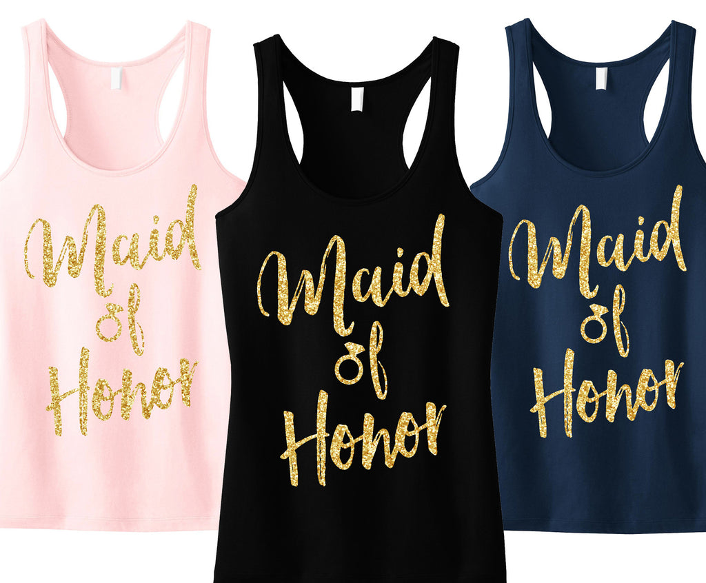Maid of Honor Script Tank Top with Gold Glitter - Pick Color