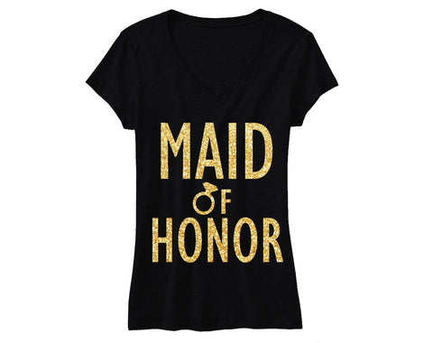 MAID of HONOR Gold GLITTER Bridal Shirt V-neck